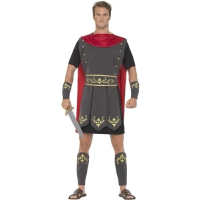 Imagen de Smiffys Disfraz de gladiador romano, Negro, con túnica, capa incorporada, brazaletes y espinilleras