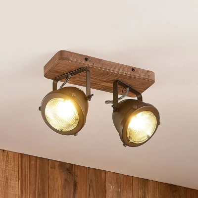 Imagen de foco &#039;Farovi&#039; (Industrial) en Negro hecho de Madera e.o. para Salón &amp; Comedor (2 llamas, GU10) Lindby empotrado, lámpara techo, pared