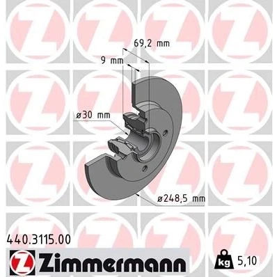 Imagen de ZIMMERMANN 440.3115.00 Disco de freno 248 9 4/4 4 108 macizo con cojinete rueda, anillo sensor ABS PEUGEOT: 207 Hatchback, 307 Hatchback