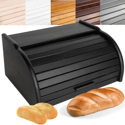 Imagen de Creative Home Grande Panera Madera Contenedor para Pan Negro 38 x 28,5 17,5 cm (+/ 1cm) de Haya Natural Recipiente con Tapa Enrollable Guardar Bollos Alimentos Secos