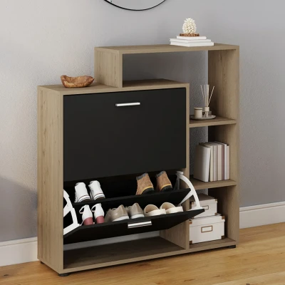 Imagen de IDMarket Zapatero KLARK imitación haya 2 puertas negras con estantes