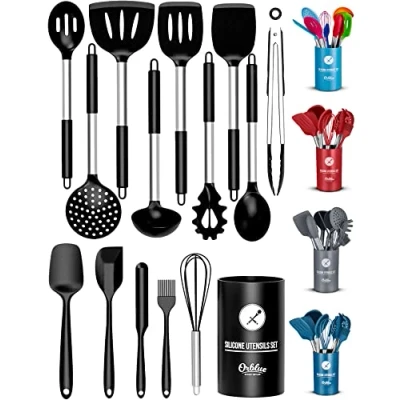 Imagen de ORBLUE Juego de utensilios cocina silicona, 14 piezas, cabezales silicona grado alimenticio seguros y asas acero inoxidable con mango resistente al calor, color negro
