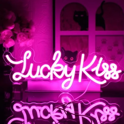 Imagen de UExnkj Y Lucky Kiss Letrero de Neón Señal neon Rosa Carta Adecuado para estudio, Sala juegos,fiesta, decoración pared bar luz alimentado por USB con interruptor regulable