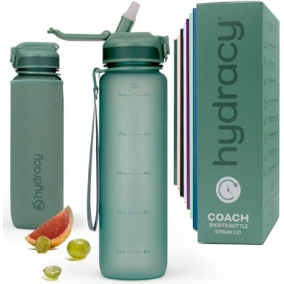 Imagen de Hydracy Botella de Agua con Pajita 1 L sin BPA Motivacional y Manga Sudor Gimnasio a Prueba Fugas Marcador Tiempo Deportes Aire Libre