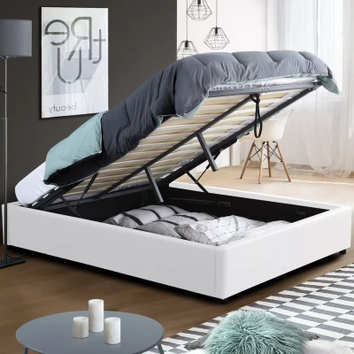 Imagen de IDMarket Cama doble con somier de 160 x 200 cm, PVC, color blanco