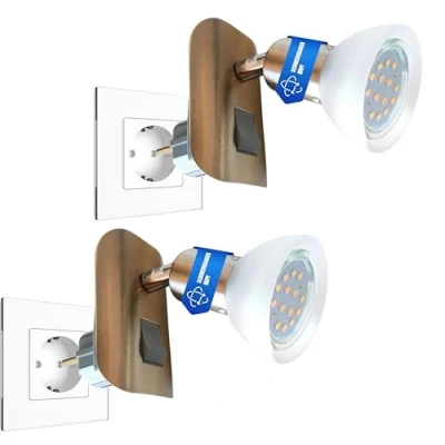 Imagen de Trango Paquete de 2 LED Luz enchufe nocturna 11 242 en níquel mate con pantalla cristal incl.1X GU10 3000K cada uno blanco cálido Iluminante y ON/OFF conmutador Lámpara lectura