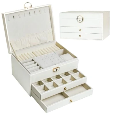 Imagen de AdelDream Joyero de tres niveles con diseño lineal regalo cumpleaños y vacaciones para mujer hija amigos color blanco