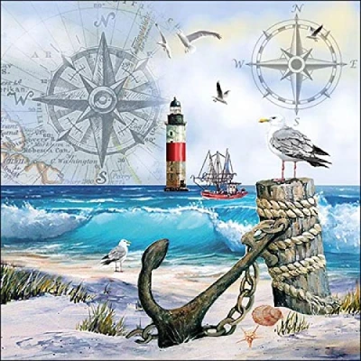 Imagen de 20 servilletas «Momentos en el mar» con diseños de ancla, gaviota, playa, estilo marítimo, 33 x cm