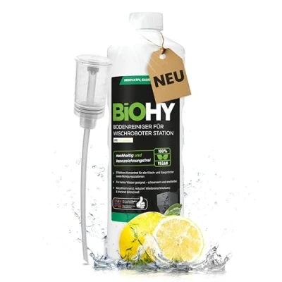Imagen de BiOHY Limpiador de suelos para robot fregado con aroma fresco (botella 1 l) + dosificador, detergente concentrado todos los robots limpiadores y aspiradores función húmeda, sin espuma