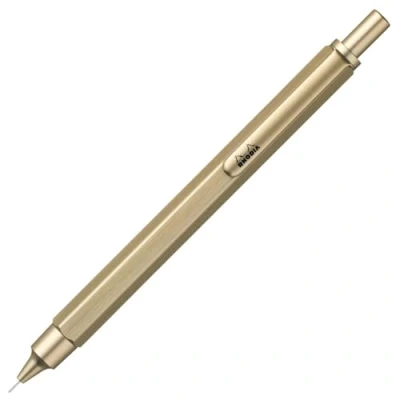 Imagen de Clairefontaine ES Rhodia Portaminas Script Cuerpo Hexagonal en Aluminio Cepillado, Dorado, para Minas de Grafito Estándar 0.5 mm, Acero Retráctil, Borrador Debajo del Botón Pulsador