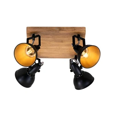 Imagen de Briloner Leuchten Foco, foco de techo retro, lámpara vintage, focos giratorios y orientables, 4x E14, máx. 25 vatios, metal madera, negro dorado, 280x280x157mm