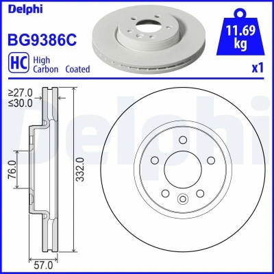 Imagen de DELPHI BG9386C Disco de freno 332 30 5 ventilado revestido altamente carbonizado sin cojinete rueda, anillo sensor ABS VOLKSWAGEN: Amarok Pick up