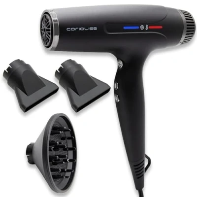 Imagen de Corioliss Typhoon Secador de Pelo Profesional Silencioso Motor BLDC 2400W Viaje Ligero 417 Gr. Potente Iónico Antifrizz Difusor y 2 Boquillas Black Chrome