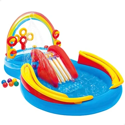Imagen de Intex Piscina Hinchable en Forma de Arco Iris. Incluye Bolas, Anillos hinchables, conexión a Manguera y tobogán. 297x193x135cm (57453)