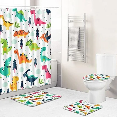 Imagen de ZQMHCY Alfombrilla Baño Dinosaurio Infantil Alfombra de Juego 3 Piezas Lavable, Cortina Poliéster Ducha*1+Alfombra*1 Tipo U+Felpudo Antideslizante*1(45x75) +Tapa del Inodoro*1