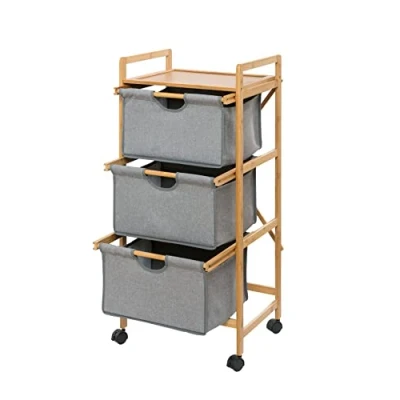 Imagen de WENKO Carrito para la Colada Bahari con 3 cestas extraíbles, 100 poliéster, 44 x 96 34 cm, Color Natural/Gris, bambú, marrón
