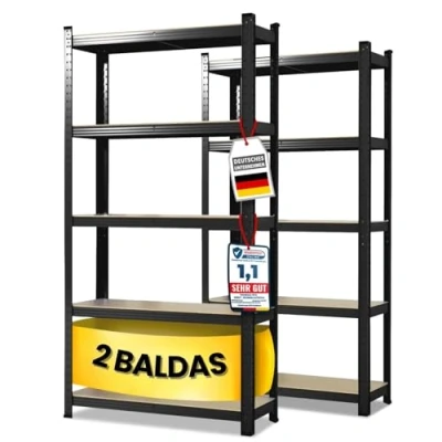 Imagen de KARAT Estantería para cargas pesadas, juego de 2 unidades, 40 x 90 180 cm, 5 estantes ajustables, color negro