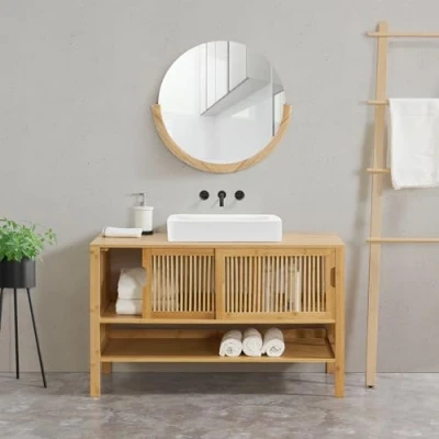 Imagen de [en.casa] Mueble para Debajo del Lavabo con Compartimento Cerrado y 1 Estante Auxiliar Baño 2 Puertas Corredoras en Bambú 60 x 100 45 cm Natural