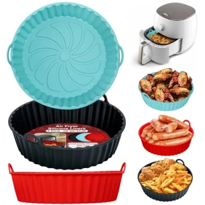 Imagen de Alyvisun Moldes Silicona Freidora de Aire, 3 Piezas Recipientes Bandeja para sin Aceite Reutilizable Redondo Utensilios Cesta Air Fryer, Microondas, Horno (Rojo+Negro+Azul)