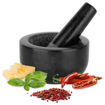 Imagen de H&amp;S Set de Mortero Cocina Piedra Maciza Granito Negro para Machacar y Triturar Especias Molcajete Grande Moler Negra