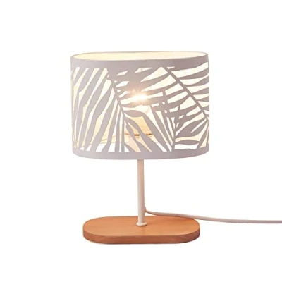 Imagen de OuXean lámpara de noche pequeña, escritorio E14 con base madera y pantalla metal para dormitorio, habitación infantil, bar, blanco (sin bombillas)