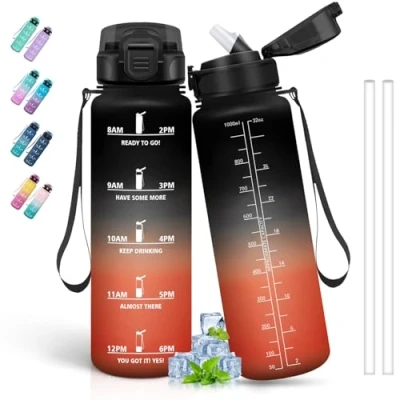 Imagen de Botella Agua 1 Litro, Deporte, Reutilizable con Pajita, Fácil de Limpiar, Agua, A Prueba Fugas, Marca Tiempo, para la Ciclismo, Senderismo, Correr, Negro Rojo