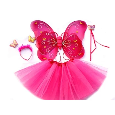 Imagen de Tante Tina Disfraz de Hadas Mariposa Alas, Falda tutú, Varita mágica y Diadema Fucsia con Cintas