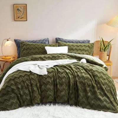 Imagen de Lanqinglv Ropa de Cama Felpa 135 x 200 cm, Color Verde, Pelo sintético Mullido, Invierno, cálida y acogedora, Franela Forro Polar, Funda nórdica con Cremallera 1