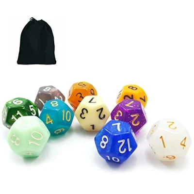 Imagen de 10pcs Set of 12 Sided Dice Cube (Numbered 1 12), 10 Count Assorted Random Multi Effected&amp;Colored Pack D12 in Drawstring Pouch