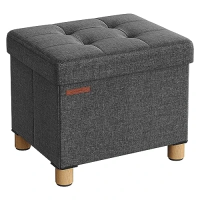 Imagen de SONGMICS LSF012G11 Puf, baúl de Almacenamiento, Taburete con reposapiés, Plegable, Banco, 32 x 40 33,5 cm, para Sala Estar y Dormitorio, Gris Oscuro
