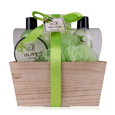 Imagen de Accentra set de ducha regalo para mujer OLIVE en una hermosa caja madera cuidado 5 partes con gel ducha, loción corporal, sal baño, peeling corporal y esponja red
