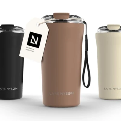 Imagen de LARS NYSØM Taza térmica Café para llevar con correa y Tapa Tritan Termo de 0,5 litros aislante Travel mug acero inoxidable a prueba fugas (Mocha Brown, 500ml)