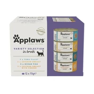 Imagen de Applaws 100% Natural Comida Húmeda para Gatos Adultos en Caldo Selección Mixta de Atún, Pollo y Pescado del Océano Paquete 12 latas 70g