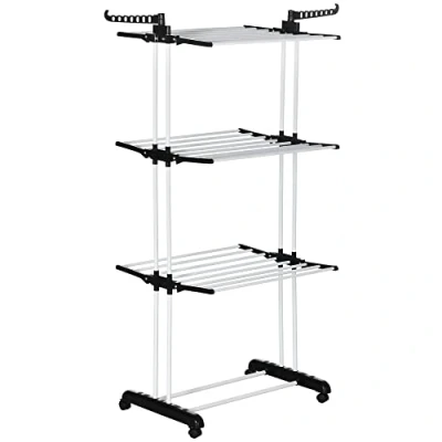 Imagen de HOMCOM Tendedero Plegable para Ropa con Ruedas Vertical de Acero Tipo Torre 3 Niveles Alas Plegables y Colgadores Giratorios Carga 70 kg 73x64x177 cm Negro Blanco