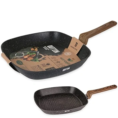 Imagen de Quttin Sartén Asadora Antiadherente de inducción Ecologi con Mango. Para todo tipo cocinas. Aluminio Forjado Doble Capa. Resistente Duradera. Negra 28 cm