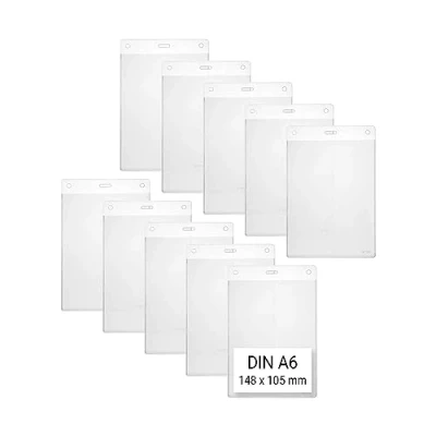 Imagen de Karteo® Fundas para tarjetas de identificación, tamaño DIN A6 (105 x 148 mm), vinilo transparente, identificación en ferias, empleados, uso horizontal o vertical (10 unidades), color transparent vertikal