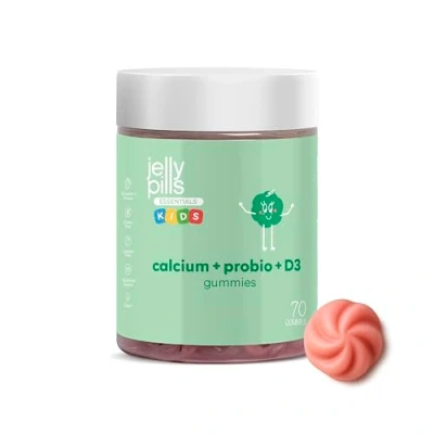 Imagen de Jelly Pills® Kids Gominolas Calcio &amp; Probióticos con Vit D3 y K2 Niños 70 Gummies Veganas sabor Fresa para sus huesos, músculos dientes mil millones de UFC Sin azúcares añadidos 2 meses