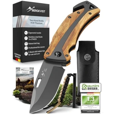 Imagen de BERGKVIST® K30 Titanium Cuchillo Plegable (navaja de dos manos) Navaja bolsillo 3 en 1 con rompecristales y cortacinturones para exteriores supervivencia Mango madera olivo