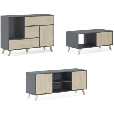 Imagen de Skraut Home Set Aparador+Mueble de TV+Mesa Centro Salón Modelo Wind Conjunto para Comedor Estructura Resistente Fácil Montaje Acabado Gris/Puccini