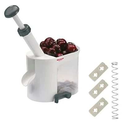 Imagen de Westmark Descorazonadora de cerezas con tolva y caja para huesos, Set que incluye piezas repuesto, 4 piezas, Plástico/acero inoxidable, Blanco/Antracita, 403022E6