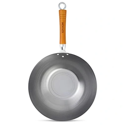 Imagen de Ken Hom KH332003 Wok Acero Carbono Tradicional, 32cm, Classic, Sartén Sin Inducción/Con Mango De Madera/Base Plana, No Apto Para Lavavajillas