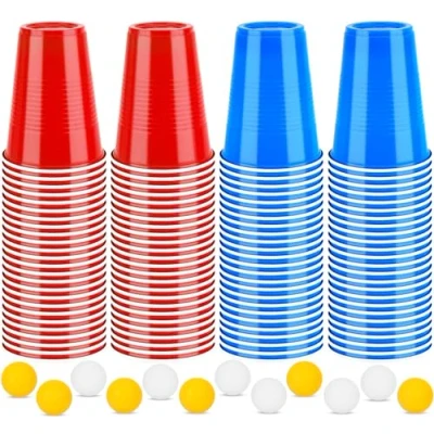 Imagen de Frasheng Beer Play Pong Kit, Vasos Reutilizables, 100 Vasos(50 Rojas + 50 Azules) y 12 Bolas, Juego de Copas Bolas Pong, para Bebidas, Fiesta Celebración, Beber, 16oz/450ml