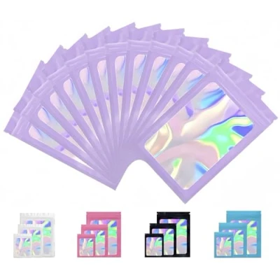 Imagen de Rimiko 150 Piezas de Bolsa Aluminio Resellable, Mylar Hermética para Alimentos, Bolsas Planas Ziplock con Ventana Transparente el Embalaje Productos (Violeta Y Holográfico, 12x20 cm)