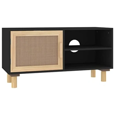 Imagen de vidaXL Mueble para TV Auxiliar Soporte Televisión Compartimiento Almacenamiento Sala de Estar Dormitorio Madera Maciza Pino y Ratán Natural Negro