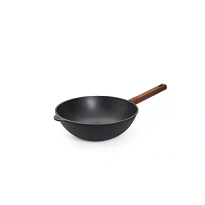 Imagen de Woll Eco Logic QXR Sartén para wok y agitador (inductiva, diámetro de 28 cm, 10 cm alto, con mango madera sostenible fijo, apta todo tipo cocinas, sin PFAS, aluminio fundido, apto