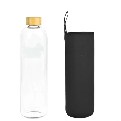 Imagen de Botella de Agua Cristal 1,5 L 1500 ML con Tapa Bambú Vidrio Borosilicato Funda Neopreno Negra Ecológica Reciclable Reutilizable Libre Tóxicos sin BPA