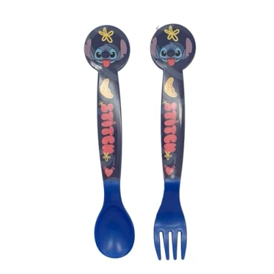 Imagen de Set de 2 cubiertos infantiles reutilizables plástico compuesto tenedor y cuchara Stitch