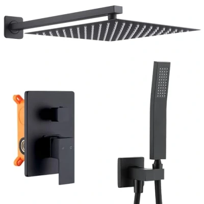 Imagen de HOMELODY sistema de ducha negro empotrado, grifo color negro, antiescaldaduras, incluye alcachofa 30 cm x cm, cuerpo latón