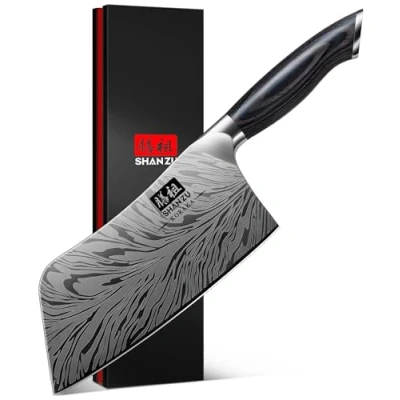 Imagen de SHAN ZU Cuchillos Cocina Profesional 18 cm Acero Japonés en Polvo de 63 HRC Cuchillo Carne Afilado con Filo 12con Mango Madera Pakka, Carnicero para Carne, Pescado y Verduras
