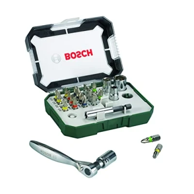 Imagen de Bosch Professional 2607017322 Puntas de Destornillador + Trinquete (Juego 26), Color Negro